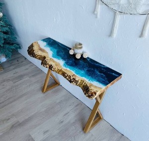 Mesa Consola de Resina Epoxi con Borde Natural Ocean Crest, Mueble Moderno y Duradero de Resina con Diseño Costero, Decoración Artesanal de Madera para Entrada - Product Image 1