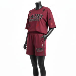 Ensemble T-shirt et short en jersey de coton premium pour femme, tissu doux et respirant 200 GSM, strass thermocollés, logo personnalisé, ensembles pour femmes - Product Image 4