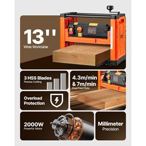 Potente Pialla da Banco per Legno da 2000W, 23500 RPM, a Doppia Lama e Tre Lame, con Piano di Lavoro da 13 Pollici, a Due Velocità, per Spessori Elevati - Product Image 2