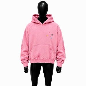 Sudadera con Capucha Oversize Rosa Desgastada con Bordado de Estrellas Coloridas, Estampado de Leopardo Tonal, Estilo Vintage Lavado, Texturizada, para Streetwear - Product Image 1