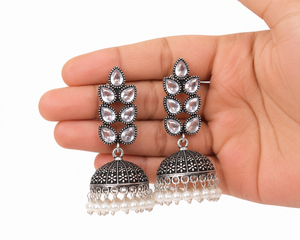 Luxury Oxidized Crystal Jhumka <b>Earrings</b> with Pearl | Vintage Floral Teardrop Statement <b>Earrings</b> | Ethnic Bridal Jewelry - Product Image 4
