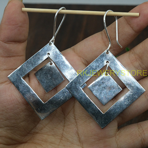Boucles d'oreilles pendantes carrées géométriques en argent sterling 925, minimalistes, creuses, faites à la main, bijoux de mode pour femmes - Product Image 5