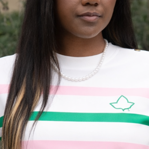 T-shirt blanc personnalisé pour femme avec rayures vertes et roses, logo étoile brodé, manches courtes, col rond, haut décontracté tendance pour l'été - Product Image 3