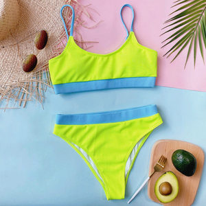 Conjunto de Bikini Acanalado para Mujer, Top Bandeau en Azul Neón y Verde Contraste, Braguita de Cintura Alta, Traje de Baño Elástico de Punto en Spandex y Poliéster - Product Image 4