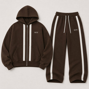Conjunto de Sudadera con Capucha y Cremallera Completa a Rayas Marrón Vintage para Hombre, Pantalones de Chándal de Pierna Ancha con Paneles Personalizados, Conjuntos de Felpa Pesada de Corte Holgado - Fabricante - Product Image 4