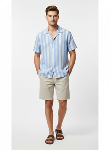 Summer Men Striped Shirts Button up Short Sleeve Shirts Turn-<b>down</b> Collar Breathable Poplin Fabric Summer Woven Shirt - Product Image 5