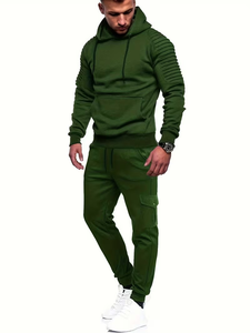 Ensemble de survêtement décontracté pour homme, tricoté, uni, à capuche, col rond, deux pièces, respirant, style hip-hop, multi-poches, automne - Product Image 3