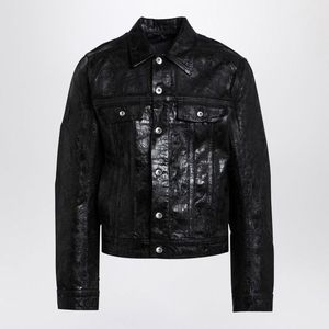 Veste en cuir ciré noir pour homme, col rabattu, fermeture boutonnée, style décontracté, pour l'automne, manches classiques, couleur unie - Product Image 1