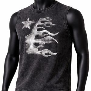 Men Acid Wash Sleeveless Tank Top Metallic <b>Flame</b> Graphic Streetwear Vintage Washed Oversized Muscle <b>Shirt</b> Custom Cotton Vest - Product Image 1