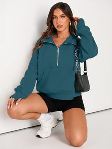 Sudadera Corta Teal para Mujer con Cierre de Cremallera 1/4, Ajuste Oversize, Manga Larga, con Bolsillo Canguro y Cuello - Product Image 2