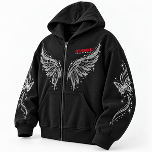 Sweat-shirt polaire zippé noir pour femme Fly Humble avec ailes en strass et motif papillon, idéal pour l'automne, vente en gros - Product Image 2