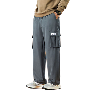 Pantalón cargo gris para hombre, cintura elástica, múltiples bolsillos, corte holgado informal, poliéster de peso medio, ropa de otoño - Product Image 1