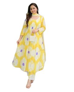 Heavy Faux Georgette con estampado de flores Tamaño libre Totalmente Stitch Long Length Kurti & Pent con juego de Dupatta a bajo precio - Product Image 1