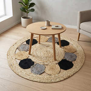 Alfombra Redonda de Yute Trenzado con Borde de Pétalos Negros para Casas Modernas y Contemporáneas - Product Image 3