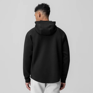 Sweat-shirt à capuche noir uni pour homme, col zippé, en polyester tricoté, coupe classique, respirant, idéal pour l'automne - Product Image 3