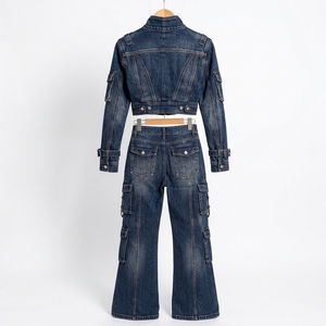 <b>Womens</b> <b>Dark</b> <b>Blue</b> Denim Cargo Two Piece Set Cropped Jacket Flared <b>Jeans</b> Custom Streetwear Fashion Wholesale Apparel - Product Image 5