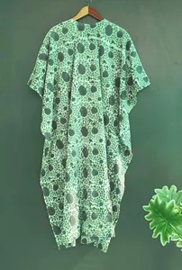Women’s <b>Boho</b> V-Neck Floral Leaf Hand Print Kaftan <b>Dress</b> Olive Green Cotton Loose Fit <b>Summer</b> Beach <b>Dress</b> - Product Image 2