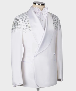 <b>Men</b>’s <b>White</b> Embellished Tuxedo Blazer with Floral Crystal Detailing – Designer Shawl Lapel Wedding Suit <b>Jacket</b> - Product Image 4