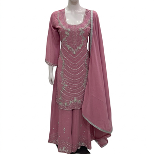 FAMUCAAS International Mustard Yellow Hand Embroidered Georgette V Neck Salwar/Plazo/Sharara Kameez Indian/Pakistani Women Party - Product Image 3