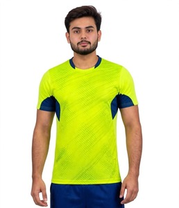 Maillot de football pour homme, jaune fluo et bleu, à blocs de couleur, manches courtes, anti-humidité, coupe classique, col en V, tissu mesh, personnalisable pour équipe - Product Image 1