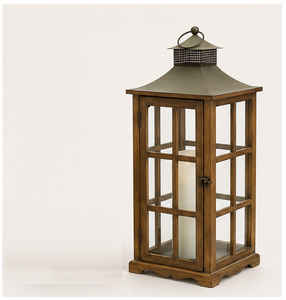 <b>Set</b> of 2 Rustic Wooden Decorative <b>Lanterns</b> with Metal Top Vintage Distressed Brown Wood Candle Holders for Indoor Home Decor - Product Image 4