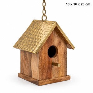 Casa para Pájaros de Madera de Mango con Techo de Latón, Venta al Por Mayor |   Decoración de Jardín Hecha a Mano - Product Image 1