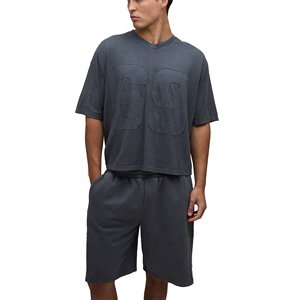 Men's Summer Cotton Knitted Solid Beachwear Outfit Casual <b>T</b> <b>Shirt</b> and Shorts Set Lightweight Breathable Street Fashion Clothing - Product Image 1
