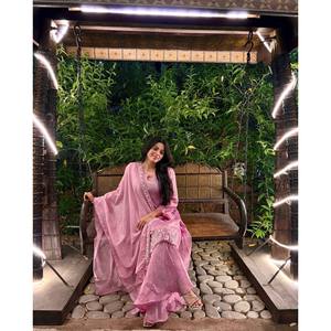 Fancy Silk Salwar Kameez <b>Top</b>-Bottom and Dupatta with Zari & <b>Sequins</b> Embroidery Work XL Size for Wedding - Product Image 1