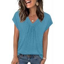Camiseta de Algodón para Mujer, Estilo Casual, Corte Ajustado, Estampado Sólido, Cuello en V, Manga Corta, Textura Arrugada - Product Image 2