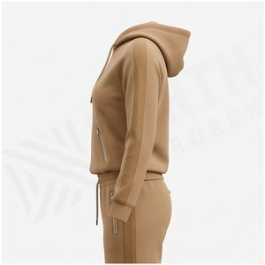 <b>Women</b> 100% Cotton Hooded Sweatshirt & Pants Set Solid Color Casual Tracksuit Autumn Full Sleeve Drawstring <b>Zip</b> Pockets - Product Image 3