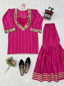 Women's Striped Salwar Kameez Set With <b>Mirror</b> Work With Embroidery For Traditional Wear Indian And Pakistani Style - Product Image 3