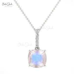 Productos en Tendencia: Colgante Colgante de Piedra Lunar Arcoíris de Corte Cojín de 0.71 Ctw con Acento de Diamante en Oro Sólido de 14k, Colgante Doble de Piedra Natal - Product Image 2