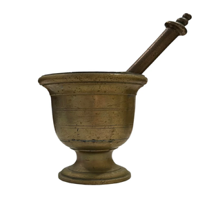 Antique pedestal style brass mortar pestle set with horizontal ringed body details, available at wholesale prices. - Product Image 1