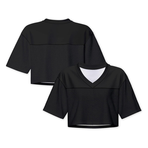Women V Neck Short Sleeve <b>Crop</b> <b>Top</b> <b>Mesh</b> Fabric Breathable Sporty Style Solid Color Black - Product Image 1