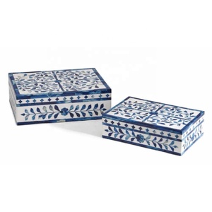 New Arrival Handcrafted Modern Blue White Rectangle Floral Pattern Bone Inlay Jewelry <b>Box</b> Organizer for <b>Earrings</b> Necklace - Product Image 2