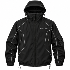 Black Custom Logo <b>Men</b>’s Hooded Windbreaker <b>Jacket</b> <b>Lightweight</b> Windproof Outdoor Windbreaker <b>Jacket</b> With Reflective Piping - Product Image 1