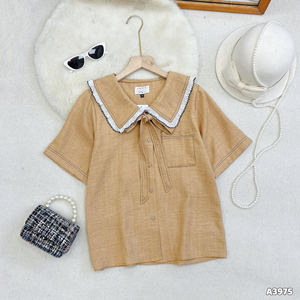 Women Formal Work Blouse with Short Sleeve Layered Sailor Collar and Bow Tie Solid Woven Simple <b>Top</b> ODM - Product Image 3