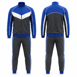 Conjunto Deportivo para Hombre en Azul Grisáceo y Blanco con Bloques de Color, Chaqueta con Cierre Completo y Pantalones Deportivos Transpirables de Poliéster para Otoño con Bolsillos Laterales - Product Image 1
