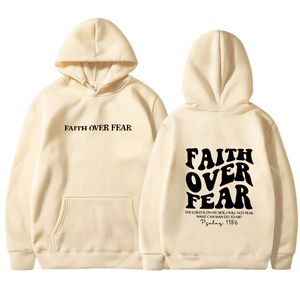 Sweat à capuche Faith Over Fear unisexe en coton blanc imprimé, pull décontracté pour l'automne - Product Image 4