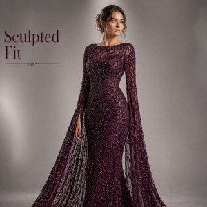 Robe de soirée sirène moderne de luxe en perles bordeaux |   Robe longue à manches courtes, dos nu, ornée, avec traîne |   OEM en gros - Product Image 4
