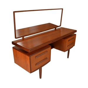 Mid-Century Danish Modern Teak <b>Floating</b>-Top Vanity <b>Desk</b> <b>with</b> Framed Mirror & 4 <b>Drawers</b> - Product Image 1
