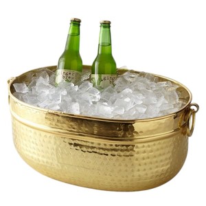 Hammered <b>Gold</b> Metal Oval Beverage Tub Wine Chiller Beer <b>Ice</b> <b>Bucket</b> with Cutout Handles for Wedding Party Decor - Product Image 3