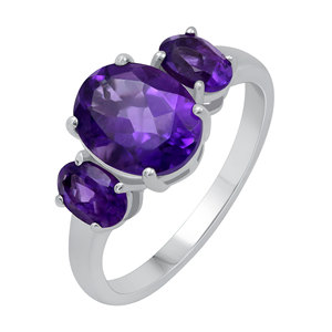 Anillo de Compromiso y Boda Gourik Clásico, Chapado en Rodio, Plata de Ley 925, Corte Ovalado, Amatista Púrpura Natural, Tres Piedras, para Mujer - Product Image 1