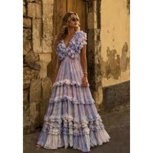 Vestido de Verano Romántico sin Mangas con Cuello en V, Gasa Arrugada, Largo hasta el Suelo, con Volantes y Cintura Imperio para Mujer, Precio al por Mayor - Product Image 3