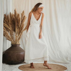 Vestido Boho Blanco de Verano, Algodón Orgánico Blanco, Doble Capa, Maxi, Modesto, Elegante, Estilo para Bodas y Fiestas - Product Image 3