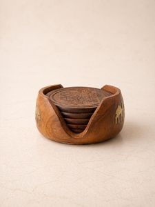 Vintage Wooden <b>Coaster</b> <b>Set</b> with Holder, Hand Carved Wood <b>Coasters</b> - Product Image 4