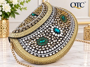 Handcrafted Metallic Kundan Embroidered Mini Flap Closure Crossbody <b>Clutch</b> Purse with Chain Strap for Wedding Party Women - Product Image 3