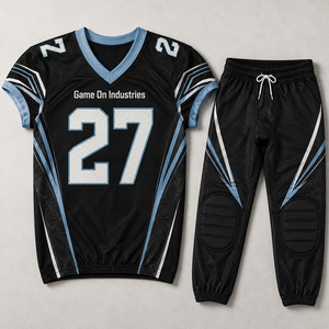 Custom American Football Uniform Set Black Blue Tackle Jersey & Padded Pants Sublimated Team Wear Game On Industries - Product Image 1
