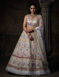 White Traditional Floral Embroidered Lehenga Choli <b>Net</b> <b>Dupatta</b> Heavy Wedding Diwali Party Bridal Outfit Women - Product Image 4
