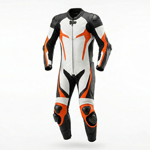 Traje de Motociclismo de Manga Larga para Hombre, Diseño en Bloques de Color Negro, Blanco y Naranja, Transpirable, de Cuero, Protección para Todas las Estaciones - Product Image 1